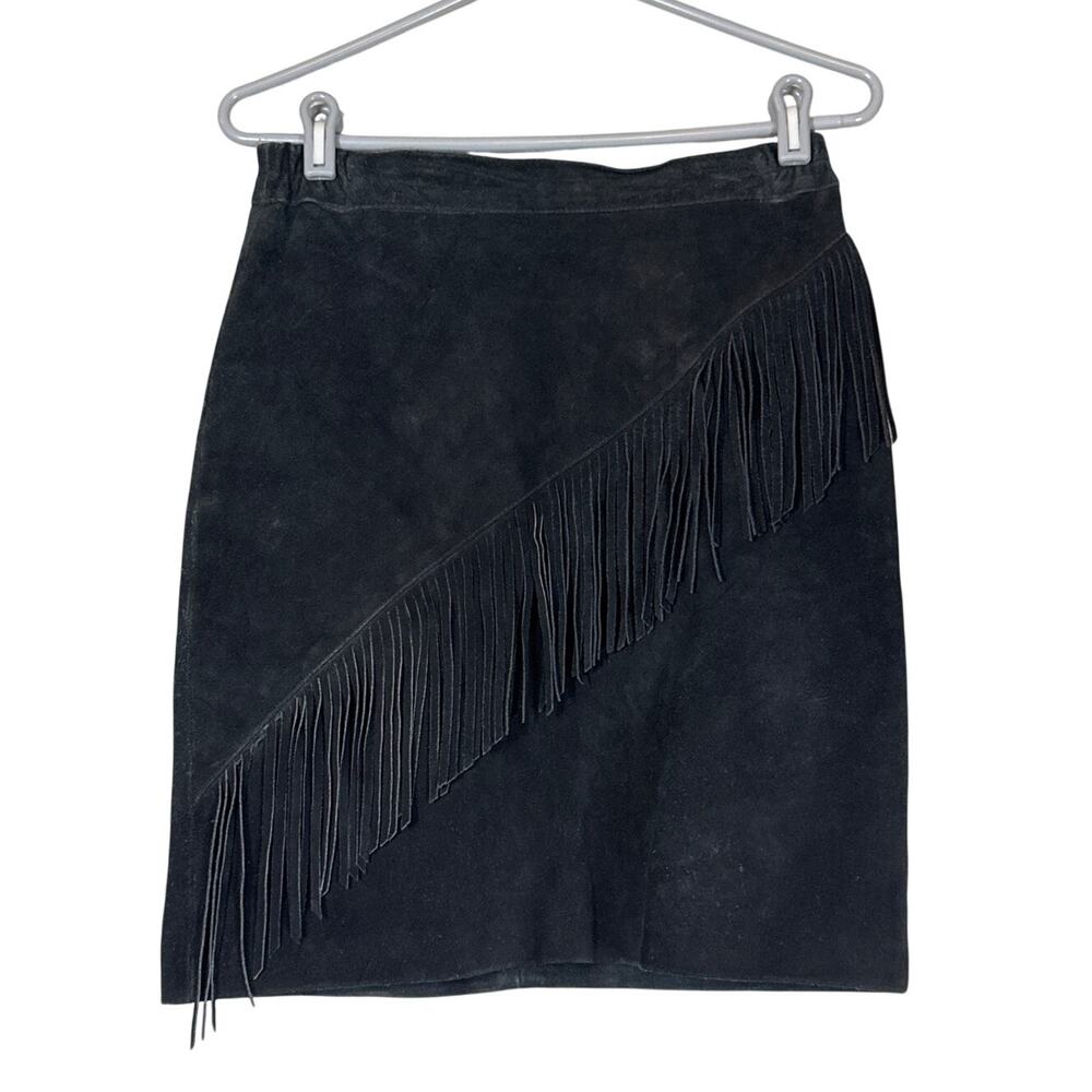 Vintage Black Leather Fringe Suede Mini Skirt Womens 8 Cowgirl Western